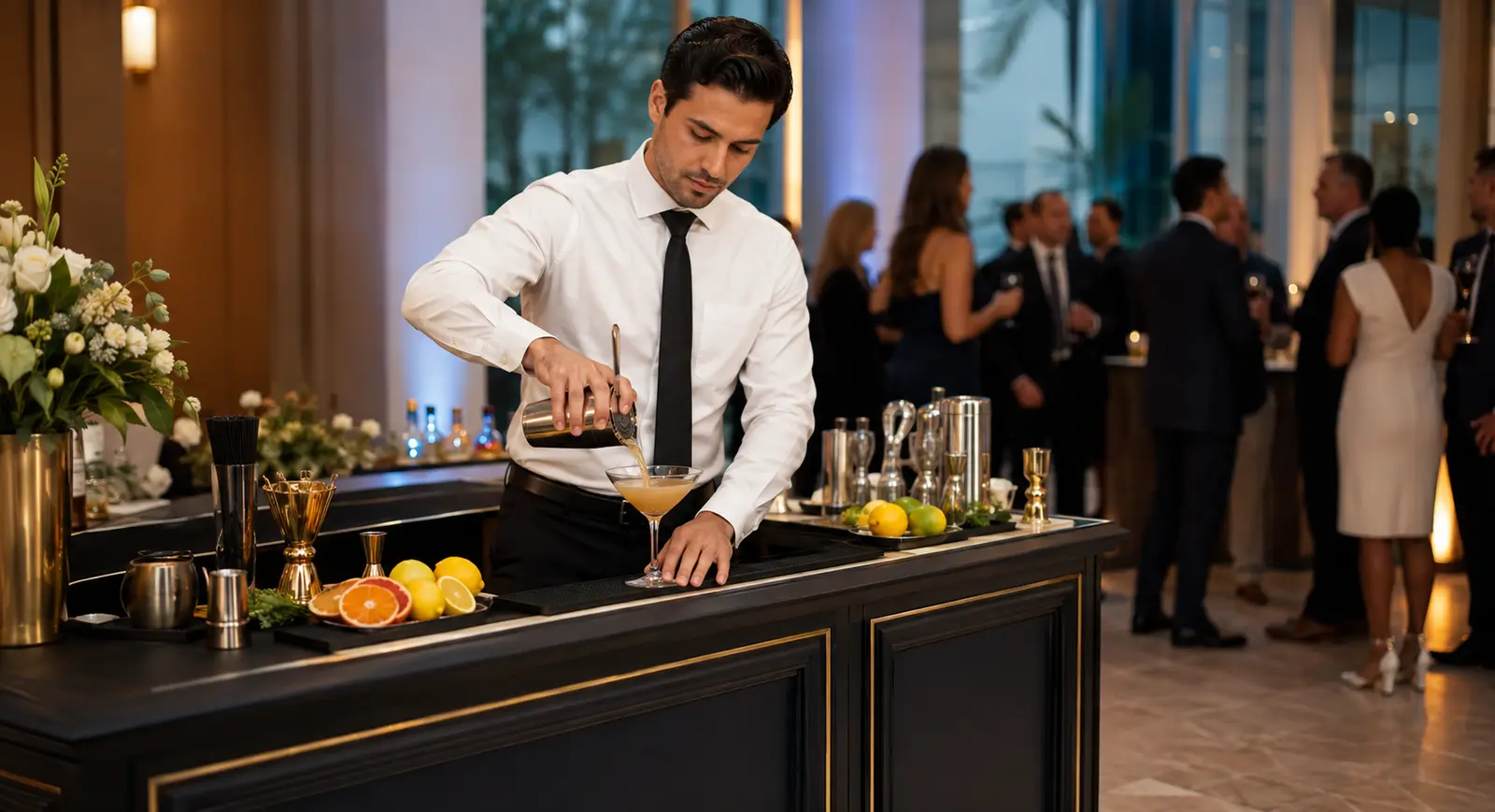 Professional bartender preparing a cocktail at an upscale corporate event