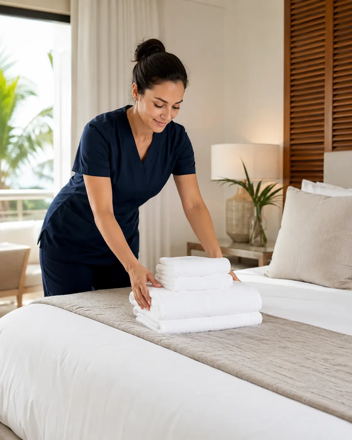 Housekeeping professional preparing a guest room